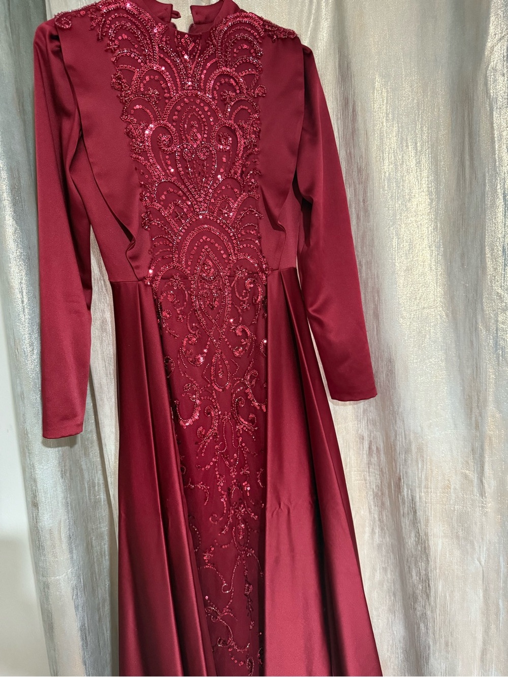 Girls' Burgundy Beaded Long Sleeve Dress